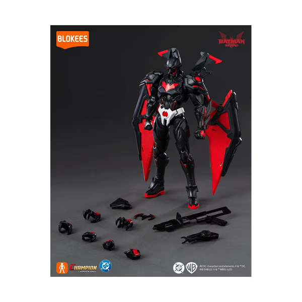 Blokees Batman Beyond CC02 model kit assembled in black and red armour with wings, shown with Batarang and accessories